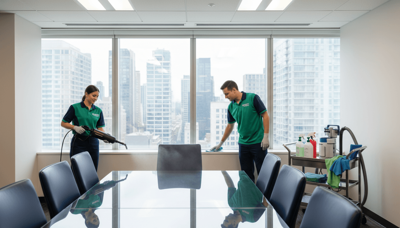 Professional cleaning team working in corporate office