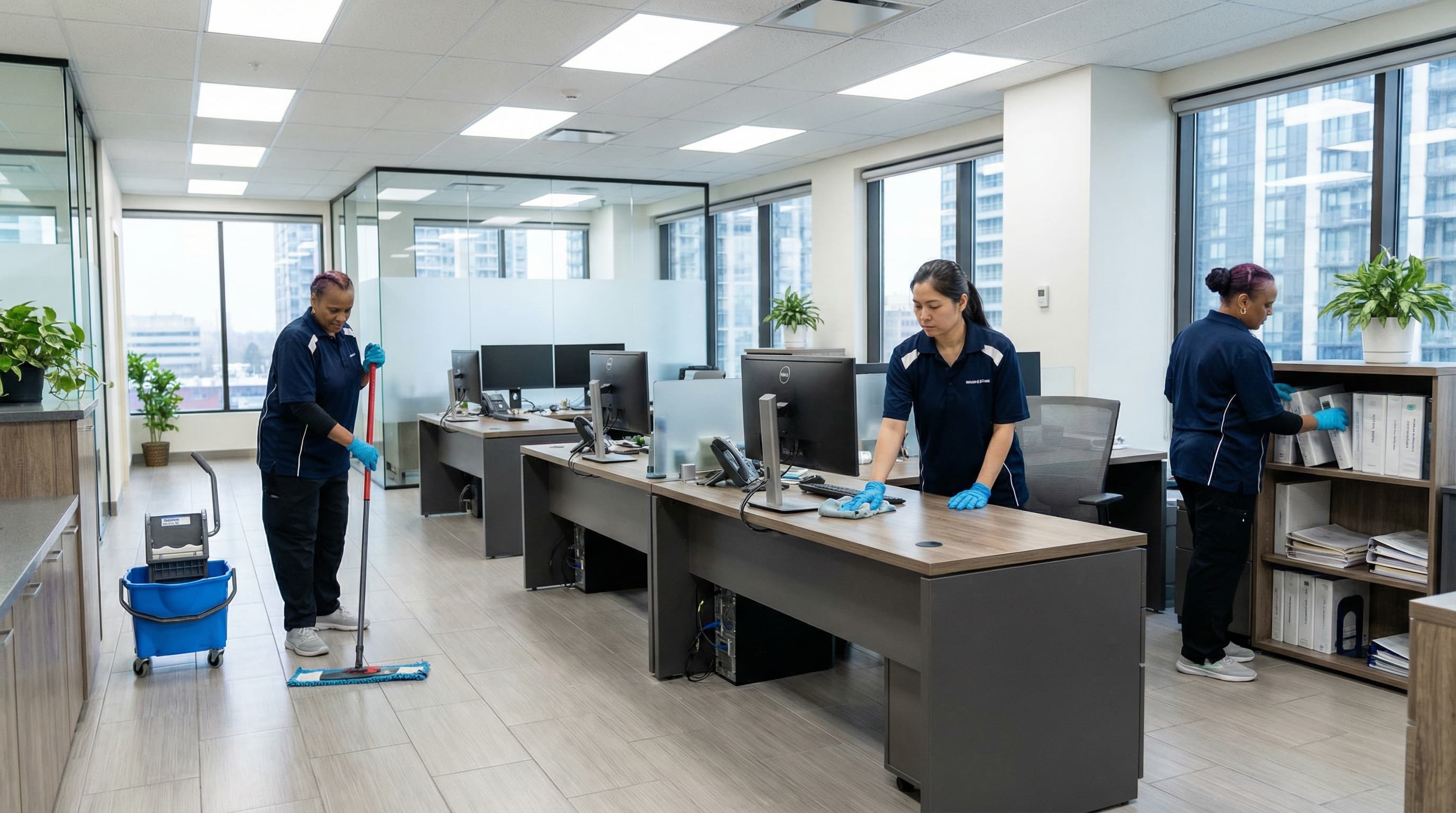 Professional cleaning team working in a corporate office