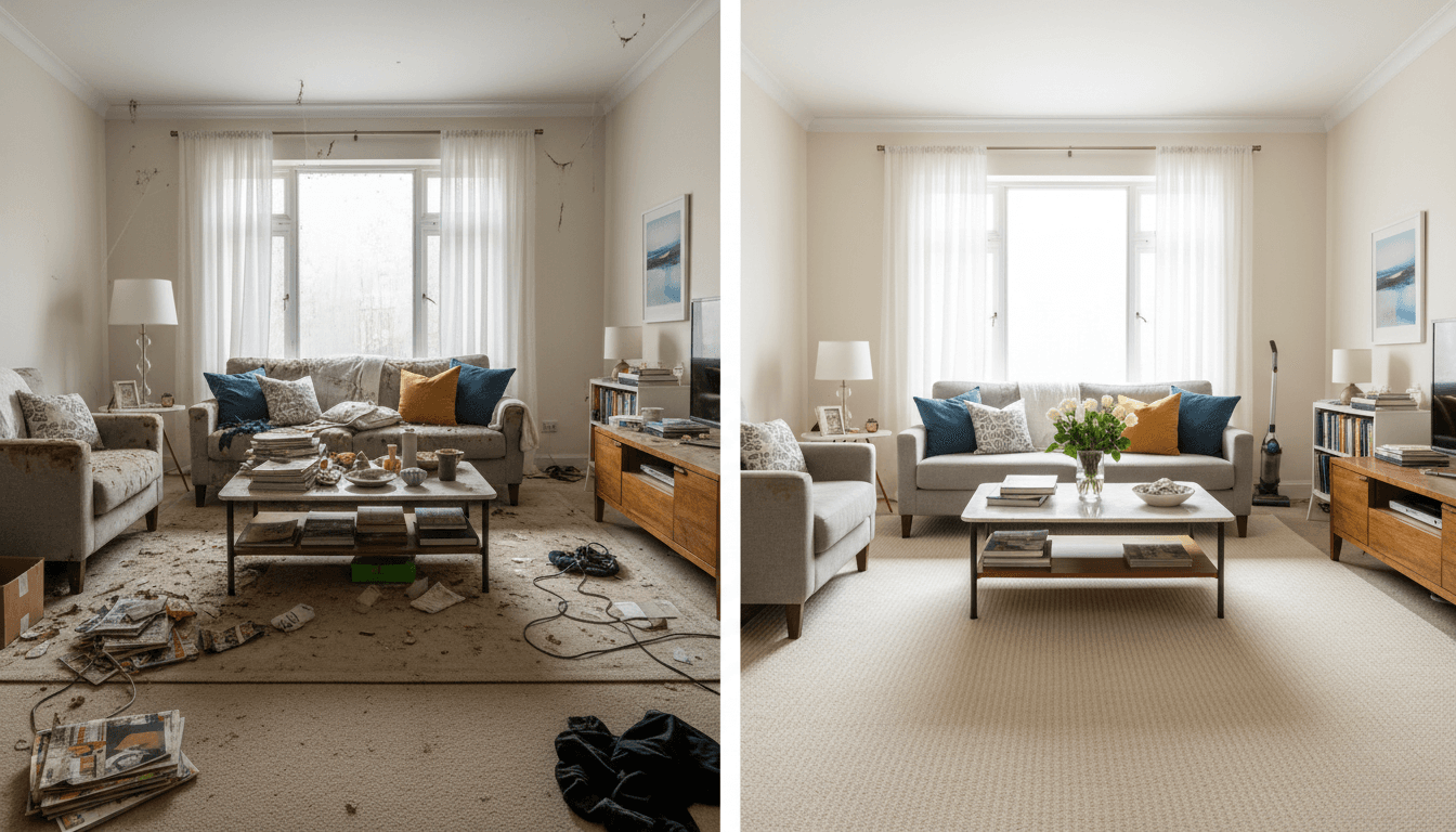 Living room before and after move-out cleaning